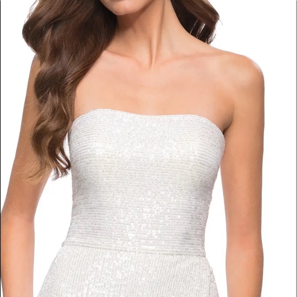 La Femme Strapless Sequin Gown in White - Picture 3 of 9
